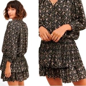Current Air Floral Smocked Waist Tiered Mini Dress Black Multi Size L 1